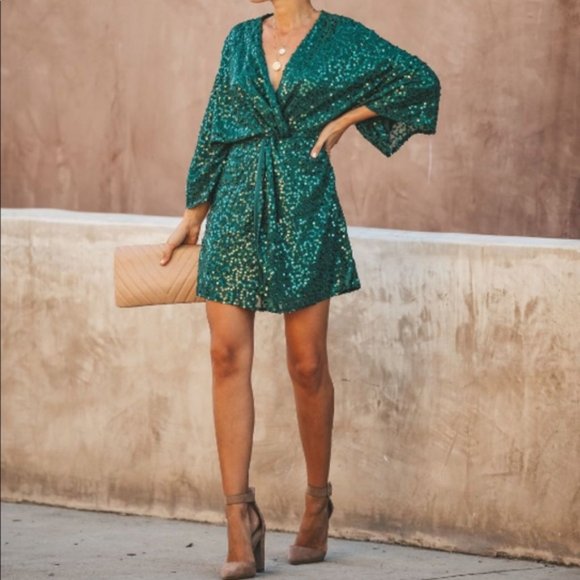 Vici Dresses & Skirts - Vici Sparks Fly Emerald Green Sequin Kimono Dress